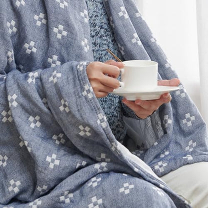 jinchan 100% Cotton Muslin Blanket Twin Boho Throw Blanket 50x60 Denim Blue | 3-Layer, Geometric Cross Quilt, Cooling Breathable Lightweight, for Adult, Soft, Reversible, Summer, Couch, Sofa, Bedroom - color: B. Cross Blue, size: 50"x60"