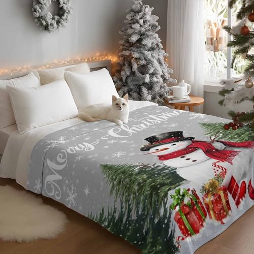 Snowman Merry Christmas Throw Blanket, Gray Winter Super Soft Warm Flannel Blankets for Bed Couch Sofa Socks Presents Xmas Tree Lightweight Fluffy Plush Bed Throws 40x50 Inch - color: Green Gray Red, size: 40''x50''