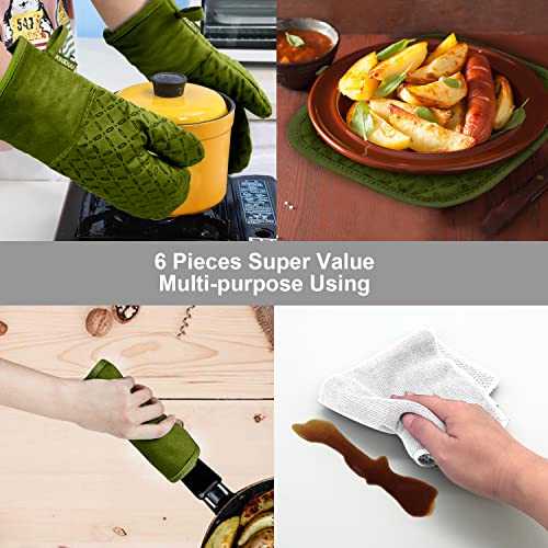 KEGOUU Oven Mitts and Pot Holders 6pcs Set, Kitchen Oven Glove High Heat Resistant 500 Degree Extra Long Oven Mitts and Potholder with Non-Slip Silicone Surface for Cooking (Olive Drab) - color: Olive Drab