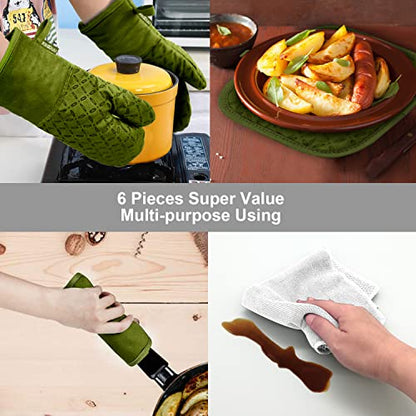 KEGOUU Oven Mitts and Pot Holders 6pcs Set, Kitchen Oven Glove High Heat Resistant 500 Degree Extra Long Oven Mitts and Potholder with Non-Slip Silicone Surface for Cooking (Olive Drab) - color: Olive Drab