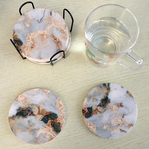 White Marble Ceramic Coasters with Holder Absorbent Drink Coaster Set Outdoor Round Abstract Cute Table Decorative Coffee Cup Beverage Fun Wine Beer Bar Gold Housewarming 6 Pack - style: White Gold