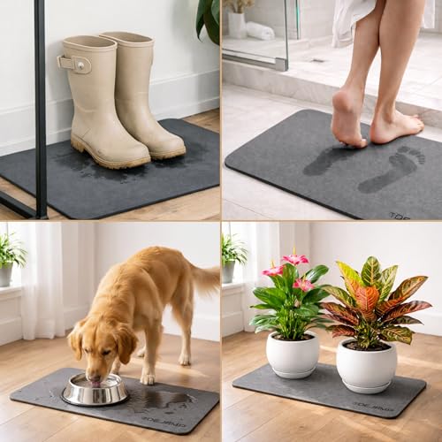 Stone Bath Mat Set - Diatomaceous Earth Bath Surface 24x15 Inches - Stone Kitchen Mat 18x14 Inches - Quick Drying Bathroom Floor - Absorbent Non SLP - 2 Pack for Bathroom and Kitchen - Grey
