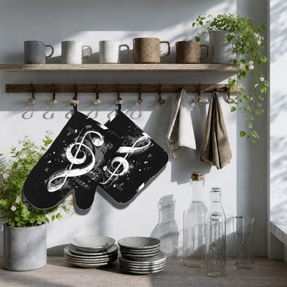 Black Notes Oven Mitts and Pot Holders Sets Non-Slip Silicone Surface for BBQ Gloves,Kitchen,Cooking,Baking,Grilling,BBQ - color: Black Notes
