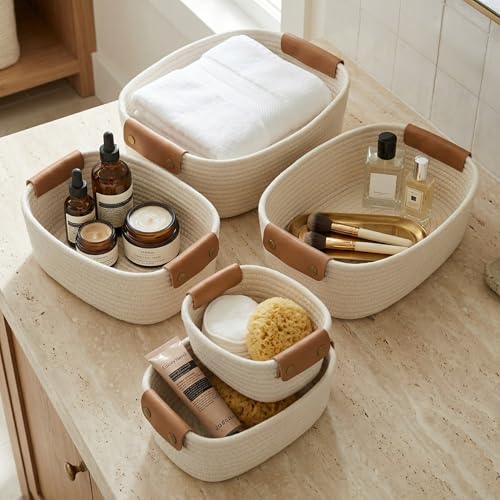 Beautiful Storage Basket Set of 5 - Sturdy Cotton Rope Baskets for Shelves | Perfect for Organizing Your Home - Quality Storage Bins Easily Fit with Any Nursery or Bedroom Decor - color: Beige