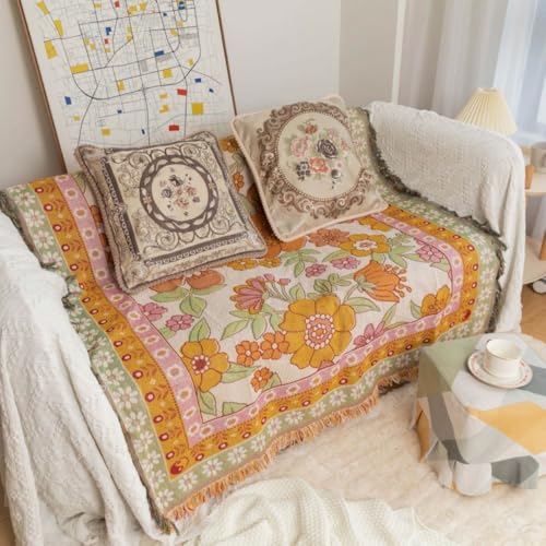 Versatile Floral Throw Blanket - Soft, Breathable Cotton for Couch & Bed, Decorative Art Style, Machine Washable