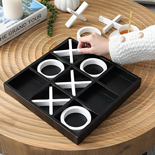 Wooden Tic Tac Toe Coffee Table Decor, Black and White Geometric Home Décor Accent, 12" x 12"