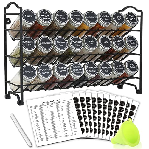 SWOMMOLY 3 Tier Spice Rack Organizer with 24 Empty Round Spice Jars, 396 Spice Labels, Funnel and Chalk Marker Complete Set, Black | Chalk Marker, Funnel Set for Cabinet, Countertop, Pantry, Cupboard or Door & Wall Mount - 24 Jars, 14.8" W × 9.8" H, Black