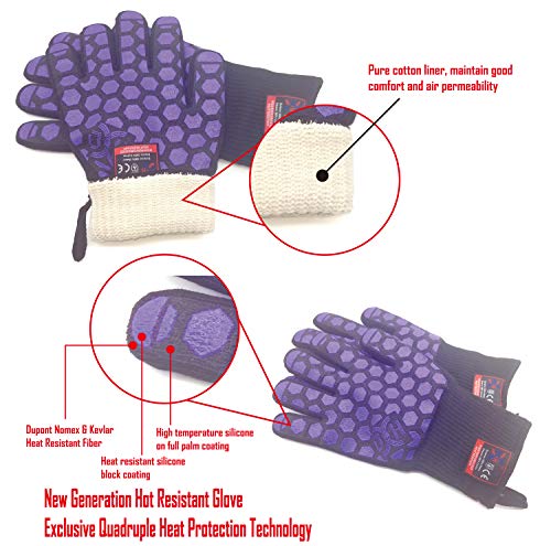 J H Heat Resistant Oven Glove:EN407 Certified 932 °F, 2 Layers Silicone Coating, Oven Mitts for Cooking, Kitchen, Fireplace,Camping, Grilling (Black/Purple, Extra Long Cuff) - color: Black/Purple, size: Extra Long Cuff
