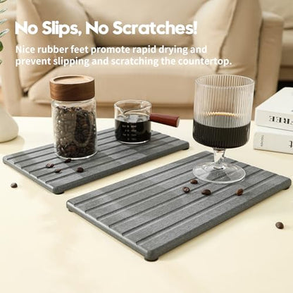 2PCS Water Absorbing Stone Drying Tray Mat for Bathroom Sink & Kitchen Counter Organizer, Quick Dry Dish Soap Dispenser Sponge Holder, Vanity Sink Caddy, Coaster, Dark Gray - 10" x 6" - color: 2pack-10"x 6" - Dark Gray