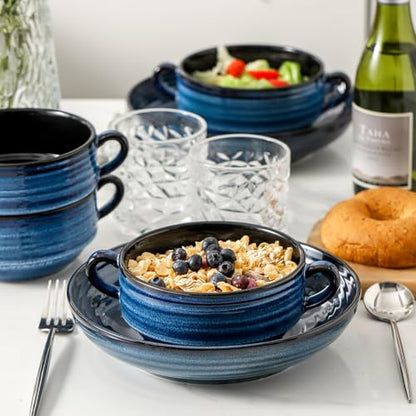 HASENSE Ceramic Soup Bowls, 20 oz French Onion Soup Bowls with Handle Set of 6, Small Serving Crock for Stew, Pasta, Chili, Cereal, Microwave Oven and Dishwasher Safe, Blue - color: Blue, size: 20oz - 6pcs