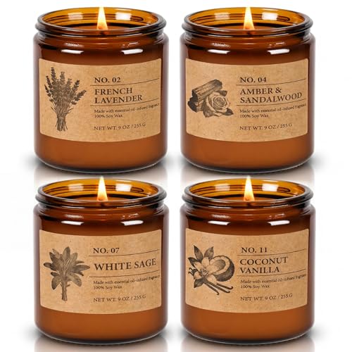 Scented Candles for Women, 4-Pack 9 oz Soy Candle Set for Home, 36 oz Total | Lavender, Amber-Sandalwood, White Sage & Coconut Vanilla. Soy Wax Aromatherapy Candles for Birthdays & Valentine's Day Gifts - color: 4 Pack Amber Jar Candles Set