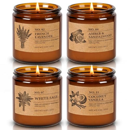 Scented Candles for Women, 4-Pack 9 oz Soy Candle Set for Home, 36 oz Total | Lavender, Amber-Sandalwood, White Sage & Coconut Vanilla. Soy Wax Aromatherapy Candles for Birthdays & Valentine's Day Gifts - color: 4 Pack Amber Jar Candles Set