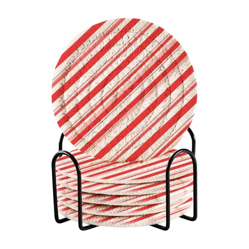 Caikeny 6 Pcs Drink Coasters with Metal Holder Candy Cane Stripes Absorbent Coasters Christmas Decorative Woven Coaster Set for Coffee Table - color: Multi 10k1.22