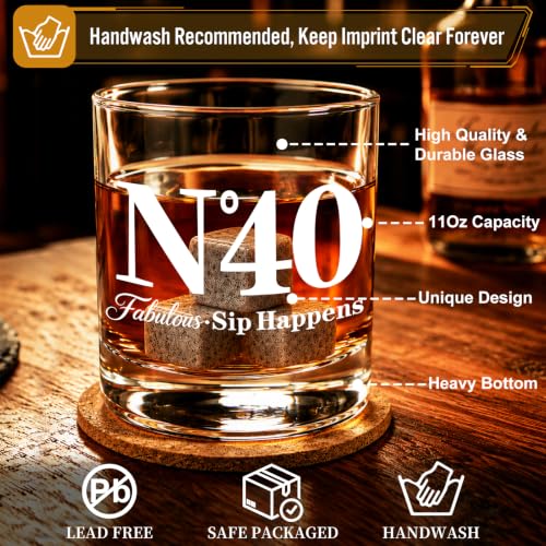 40th Birthday Gifts for Men, Vintage Whiskey Glass Set with Granite Stones | 40th Birthday Party Supplies Gifts for Him, Dad, Husband, "N°40 Fabulous Sip Happens" Scotch Glass, Pipette, Tongs&Wooden Box - style: 40th Mens Gifts