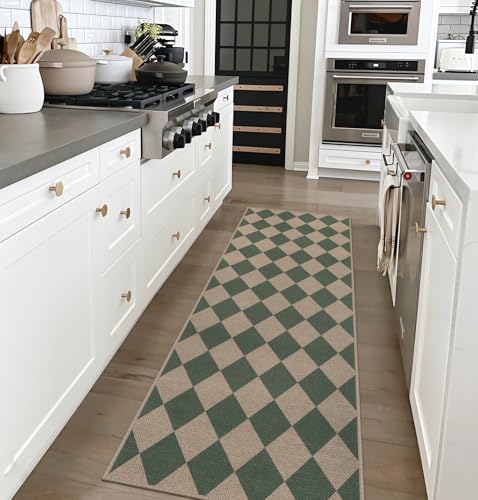 Easy Jute Checkered Runner Rug, 2x6 Green Modern Washable Rugs Runner for Hallway Non-Slip Long Kitchen Rug, Geometric Diamond Indoor Outdoor Carpet for Porch Laundry Entryway - color: Green Checkered, size: 2' x 6' (Runner)