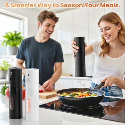 110ml Electric Salt and Pepper Grinder Set 2 Pack Rechargeable Auto Shakers | Large Capacity Spice Mill with Adjustable Coarseness for Kitchen, Cooking, Outdoor Dining and Home Use (Black & White)
