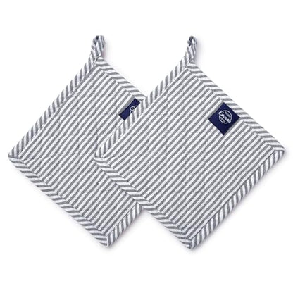Encasa XO Pot Holders, Quilted Kitchen Hot Pads 8"x8" Ticking Navy Blue | 100% Eco-Friendly Cotton | Thick Cotton Padding Insulation | Convenient Hanging Loop | Set of 2 - color: Ticking Navy Blue