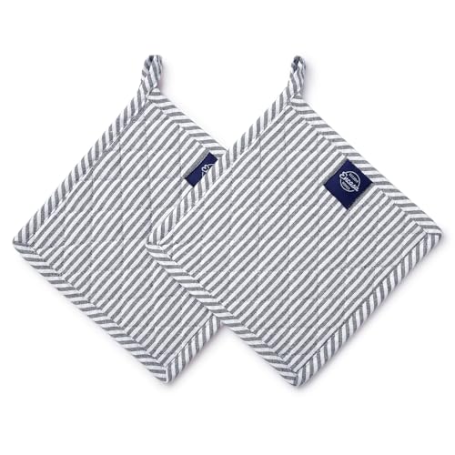 Encasa XO Pot Holders, Quilted Kitchen Hot Pads 8"x8" Ticking Navy Blue | 100% Eco-Friendly Cotton | Thick Cotton Padding Insulation | Convenient Hanging Loop | Set of 2 - color: Ticking Navy Blue