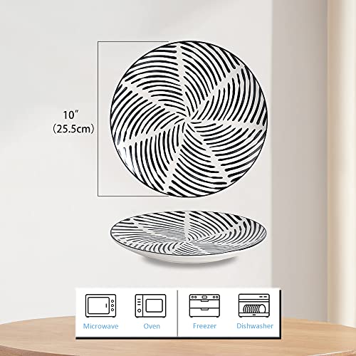 AHX Dinner Plates Ceramic Plate Set - 10 Inch Large Porcelain Round Plate Sets of 6 - Flat Modern Black Pattern Dining Plates for Kitchen | Family - Dishwasher | Microwave | Oven Safe - size: 10 inch