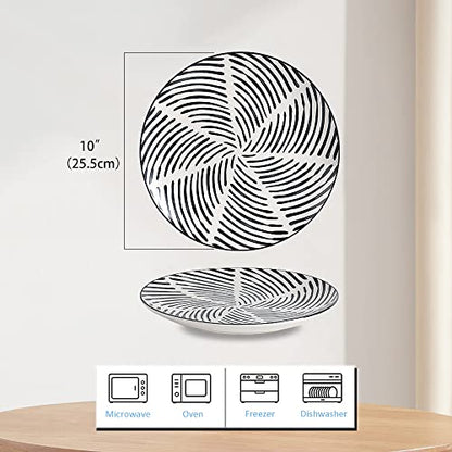 AHX Dinner Plates Ceramic Plate Set - 10 Inch Large Porcelain Round Plate Sets of 6 - Flat Modern Black Pattern Dining Plates for Kitchen | Family - Dishwasher | Microwave | Oven Safe - size: 10 inch