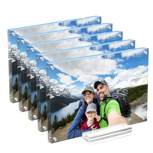 Acrylic Picture Frames 5x7 In 5 Pack,Clear Magnetic Photo Frame | With Base, Double Sided Frameless Floating, Can Horizontal & Vertical Desktop, Certificate Frame for Family,Office,College - size: 5x7 in-5 pack