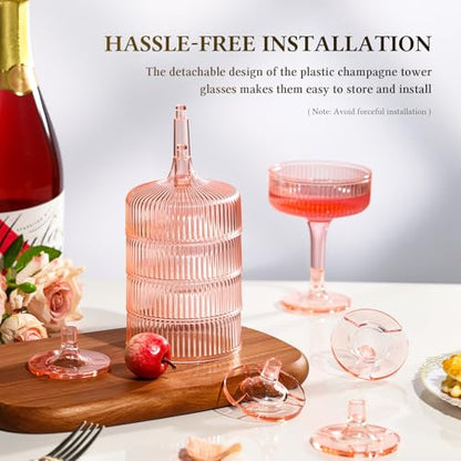 Goodluck 4-Tier Champagne Glasses - 20 PCS 7oz Pink Plastic Champagne Flute | Plastic Coupe Glasses with Vertical Stripes for Weddings, Celebrations, Parties & Birthdays - color: Pink