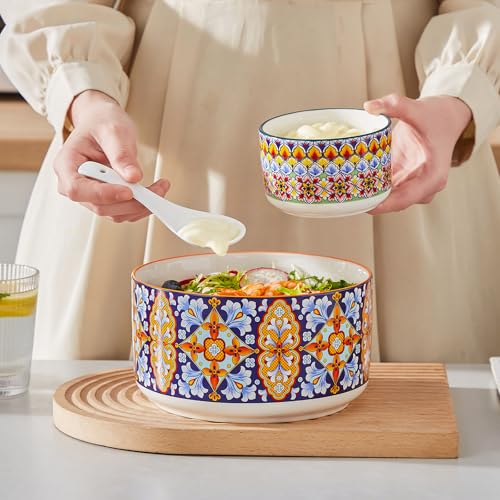 vancasso SIMI Serving Bowls with Lids, Ceramic Mixing Bowls Set of 4, Boho | Nesting Bowls for Food Storage, Prep, Stackable Bohemian Bowls, Dishwasher & Microwave Safe Gift Set, 60/36/20/10 OZ - size: 60/36/20/10 OZ (Set of 4)