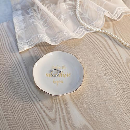 And So The Adventure Begins Ring Dish-Inspirational Bridal Shower, Bachelorette Party, Engagement Wedding Gifts, Congratulation Present for New Chapter,Ceramic White - style: And So The Adventure Begins
