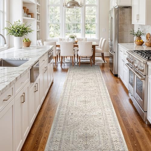 3x14 Washable Hallway Runner Rug - Non-Slip Vintage Kitchen Rugs Beige Gray | Low Pile Thin Wide Carpet for Entryway Soft Pet-Friendly Floor Mat for Living Room Bedroom Indoor Decor - color: Beige/Gray, size: 3' x 14' (Rectangular)