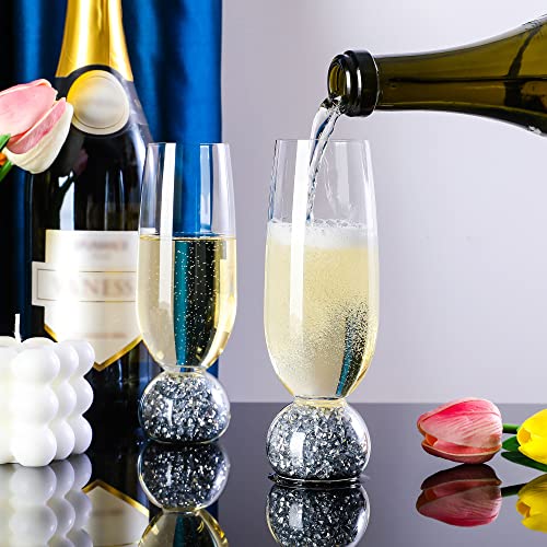 Hanjue Champagne Glasses Set of 4, Champagne Flutes, 7 Oz Lead-free Crystal glass, Clear Glasses Set, Bar Glassware, Ideal for Parties, Wedding, Birthday, Christmas, Long-lasting reusable glasses - color: Crushed diamonds