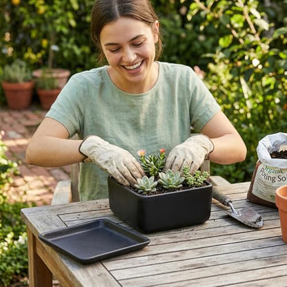 MyGift Black Ceramic Square Indoor Planter with Drainage Hole & Tray | Modern square ceramic planter adds sleek style to small plants and succulents, with a drainage hole and removable drip tray - color: Black