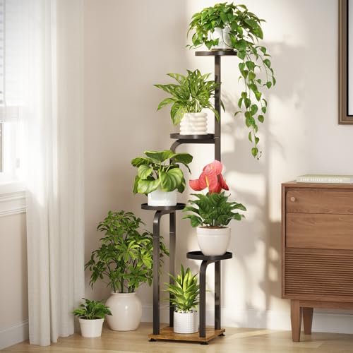 LASZOLA Plant Stand Shelf Tall Indoor Corner, 5 Tier Metal Black | Modern Multiple Flower Display Rack with Metal Tray, Wooden Vertical Planter Holder for Living Room Bedroom Patio Garden - color: Matte Black, size: 5 Tier