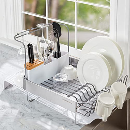 KitchenAid Full Size Compact to Full Capactiy Expandable Rust Resistant Dish Rack, with Self Draining Angled Drainboard and Removable Flatware Caddy, 24-Inch, White - color: White, size: Expandable