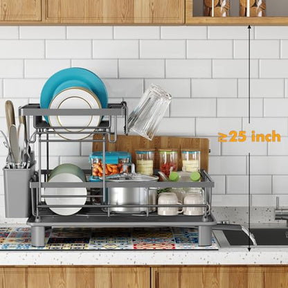 2 Tier Large Detachable Dish Drying Rack for Kitchen Counter, Gray | Compact Dish Drainer Organizer, Rust-Resistant, Space-Saving Dish Rack with Drainboard, Utensil Holder, Kitchen Organizer - color: 2 Tier-gray