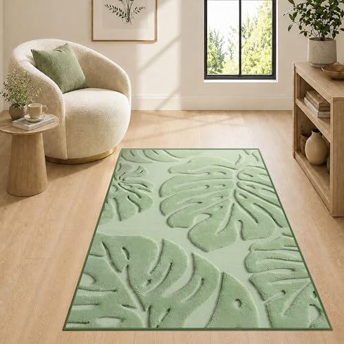 Sage Green Monstera Area Rug 3x5, High-Low Plush Pile Washable Rugs for Living Room Bedroom, Tropical Non Slip Nursery Carpet Soft Indoor Shag Rugs for Dining Room - color: Green, size: 3' x 5' (Rectangular)