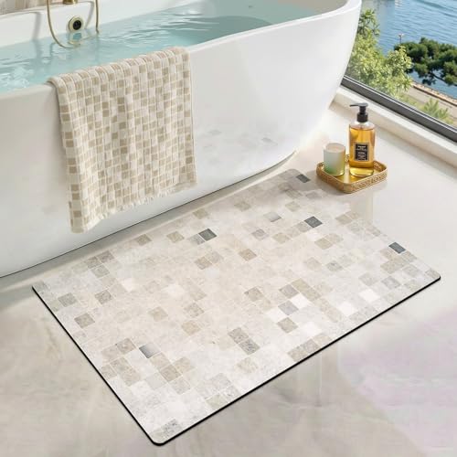 LUMI Non Slip Ultra Thin Bath Mat, Low Pile Quick Dry, Beige Grid, 17x30 | Low Profile Absorbent, Fits under Door, for Bathroom, Shower, Sink, Doorway, Entrance - color: Beige Checkered, size: 17"x30"