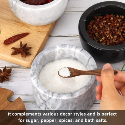 Marble Salt Cellar Box with Wood Lid & Spoon, Light Grey Bowl | Modern White Stone, Pepper Sugar Spice Seasoning Container, Jar Holder Well Keeper Dish Pig Crock, For Kitchen