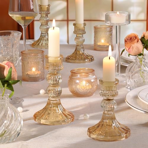 6Pcs Gold Candlestick Holders Set - 4" H & 5" H Striped Taper Candle Holders Bulk, Glass Candle Holders for Wedding, Festival, Party, Table Centerpiece, Gifts - color: Gold, size: Striped Pattern