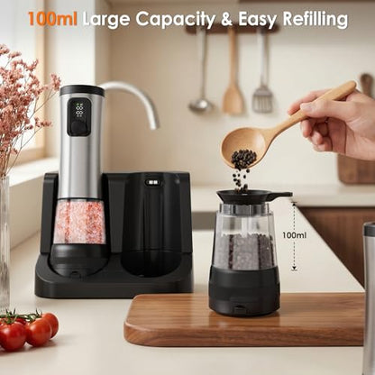 Rechargeable Electric Salt and Pepper Grinder Set with LED Light, 5-Level Adjustable Coarseness, 2-Speed Automatic Mills, 2 x 100ml Large Capacity, Black | Automatic Electric Salt and Pepper Shakers with Large Capacity, 2-Speed Setting, 5-Level Adjustable