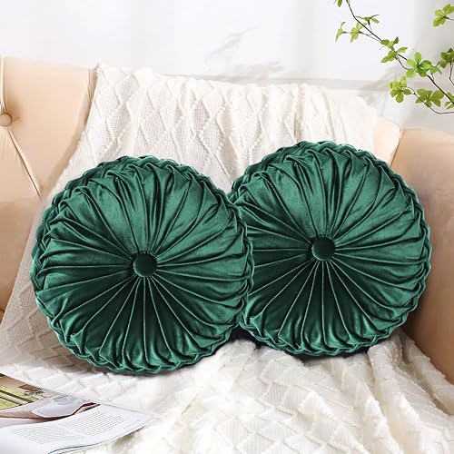 HIG Set of 2 Emerald Velvet Decorative Round Pleated Throw Pillows | Vintage Floor Pillows, Classy Accent Pumpkin with Center Button, for Sofa Couch Vanity Chair Bed, 14.5" Diameter - color: Emerald