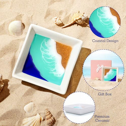 Beach Gift for Women Ocean Ceramic Jewelry Tray Coastal Ring Holder | Decorative Trinket Tray for Rings Earrings Necklaces Keys Beach Bathroom Room Decor Housewarming Engagement Wedding Present