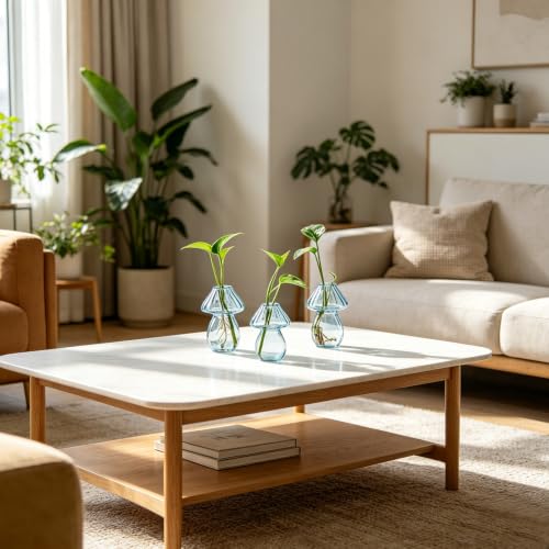 Hyindoor Propagation Stations with Wooden Stand & 3 Glass Mushroom Vases, Plant Terrarium Mushroom Planter for Hydroponics Home Garden Ofiice Tabletop Decor, Propagation vases Gifts for Women Mom