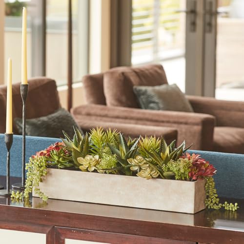 Oblong Faux Succulent Arrangement, 27" Premium Artificial Indoor Plant Enhances Interior Design, Display on any Surface in Your Home Adding an Inviting Touch of Nature, Natural Planter Pot Included - size: 27" Oblong Khaki