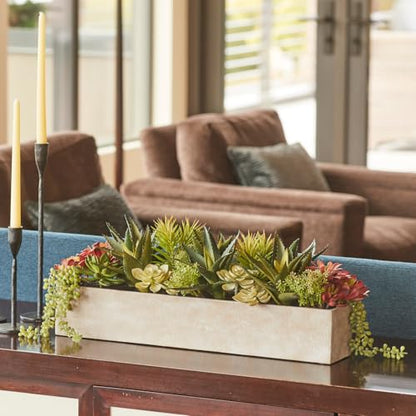 Oblong Faux Succulent Arrangement, 27" Premium Artificial Indoor Plant Enhances Interior Design, Display on any Surface in Your Home Adding an Inviting Touch of Nature, Natural Planter Pot Included - size: 27" Oblong Khaki