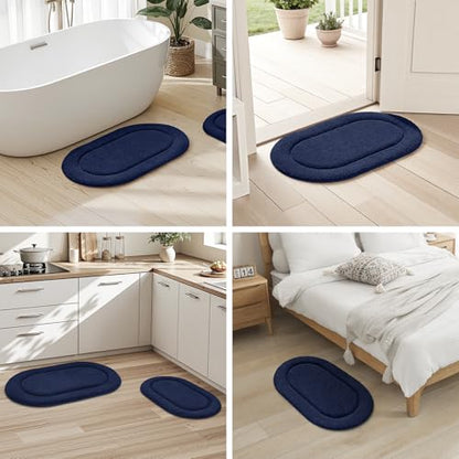 HOMEIDEAS Navy Blue Oval Bathroom Rug Sets 2 Piece 20" x 32" + 16" x 24" | Microfiber Bath Mats, Non-Slip TPR Backing, Ultra Absorbent & Quick Dry, Machine Washable for Bathroom, Shower, Tub - color: Navy Blue