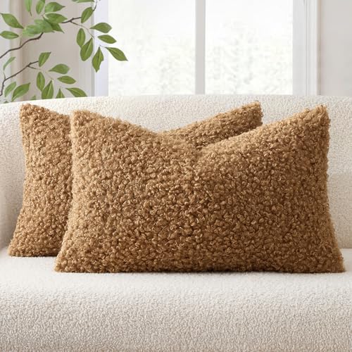 EMEMA Pack of 2 Teddy Faux Fur Throw Pillow Covers 12x20 Inch Soft Fuzzy Sherpa Sheepskin Decorative Cushion Cases Cozy Boucle Fleece for Couch Bed Boho Living Room Decor Brown - color: Brown, size: 20" x 12" (Pack of 2)