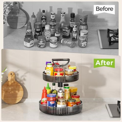 YCIA&DONE Premium 2-Tier Adjustable Lazy Susan Turntable Organizer 12 Inch Rotating Spice Rack for Cabinet, Kitchen Pantry Condiment Organizer with Deep Baskets and Handle, Gray - color: Gray