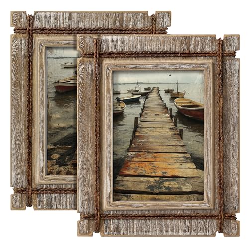 Afuly 5x7 Picture Frames Set of 2 Rustic Wood Farmhouse Unique Photo Frame | Distressed Western with Real Glass & Hemp Rope, Wall and Tabletop, Home Decor Birthday Gifts for Mom Dad Friends - size: 5x7
