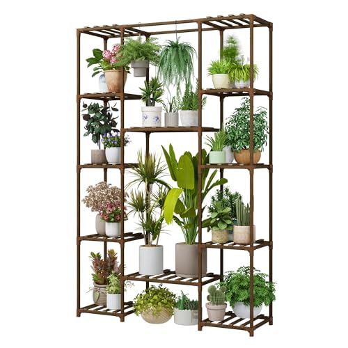 Bamworld 62.2'' Tall Plant Stand Indoor Large Plant Shelf for Multiple Plants Wood Flower Stand Outdoor Hanging Plant Rack for Living Room Garden Balcony Home Decor - color: Brown-12 Pots, style: Cabinet