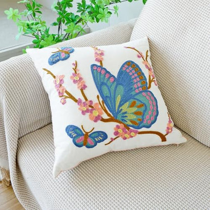 vctops Floral Butterfly Embroidered Pillow Covers 18x18 Inch Spring Summer Cotton Tufted Throw Pillow Cover Outdoor Garden Cushion Case for Sofa, Bed, Living Room (Butterfly,18"x18") - color: Butterfly